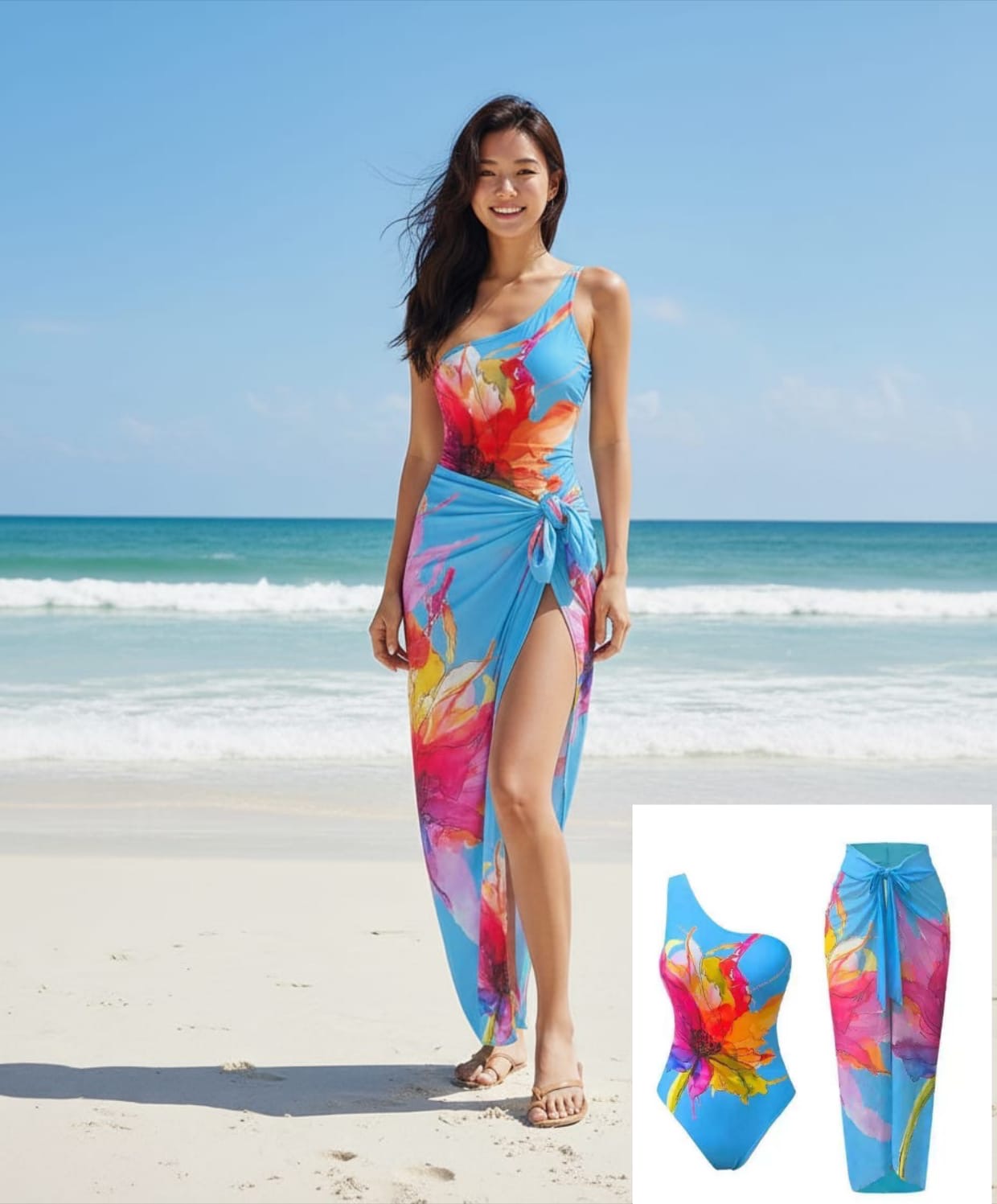 Designer Floral One-Shoulder Swimsuit with Matching Sarong Set