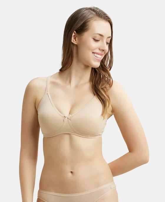 Wirefree Non Padded Super Combed Cotton Elastane Stretch Medium Coverage Everyday Bra with Concealed Shaper Panel - Skin