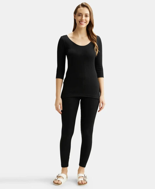 Super Combed Cotton Rich Three Quarter Sleeve Thermal Set with StayWarm Technology - Black