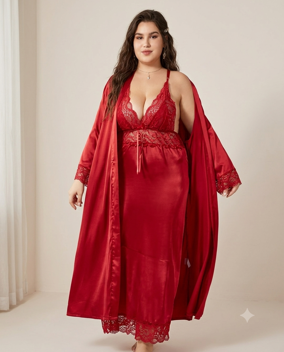 Plus Size Satin Lace Nightwear & Robe Set - view 2