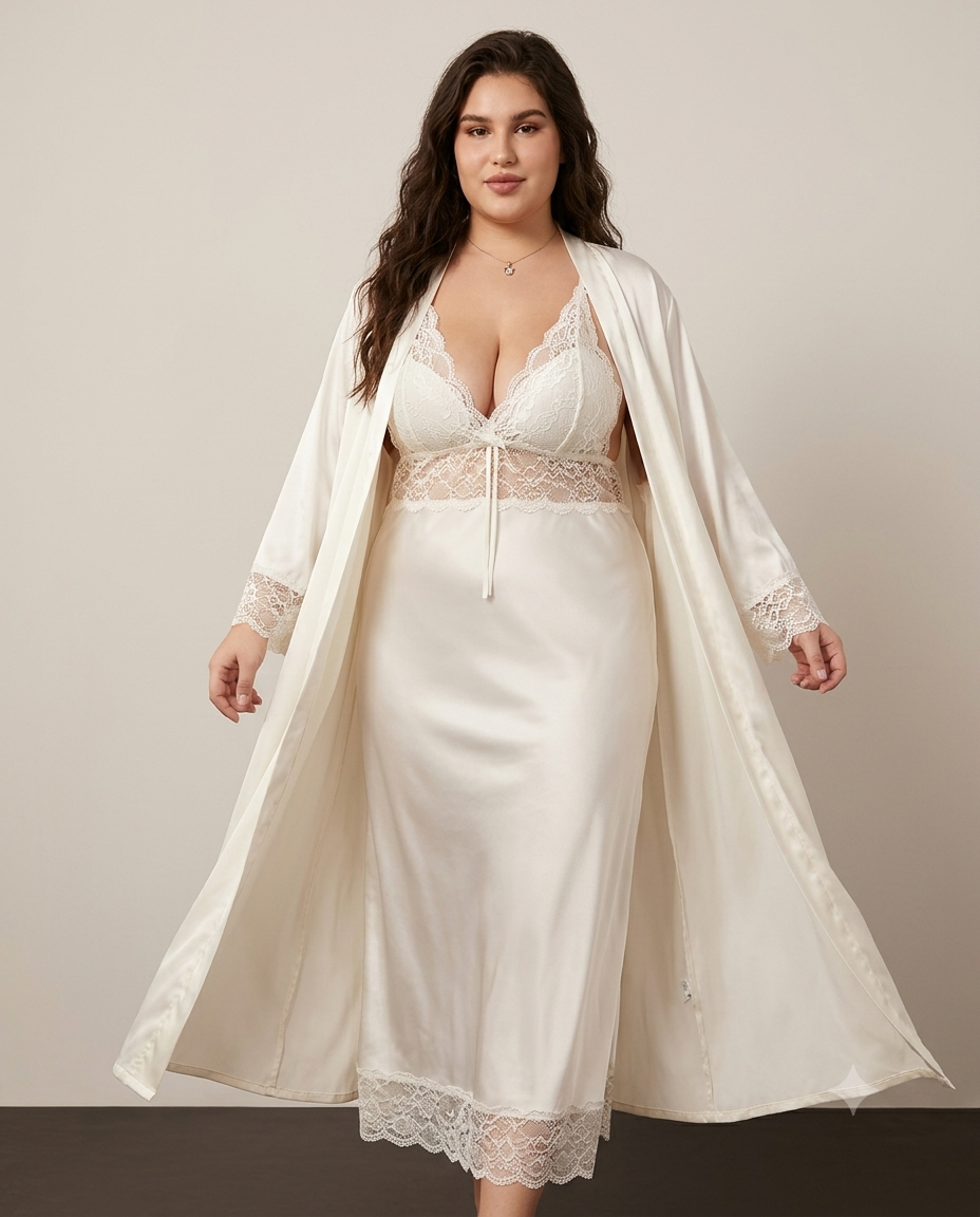Plus Size Satin Lace Nightwear & Robe Set - view 1