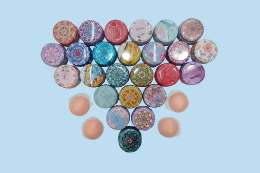 Silicon nipple stickers with various patterns on a blue background, labeled 