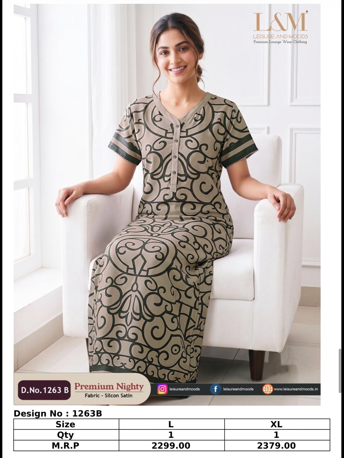 Women's sage green tropical leaf print premium nighty full length maxi nightgown