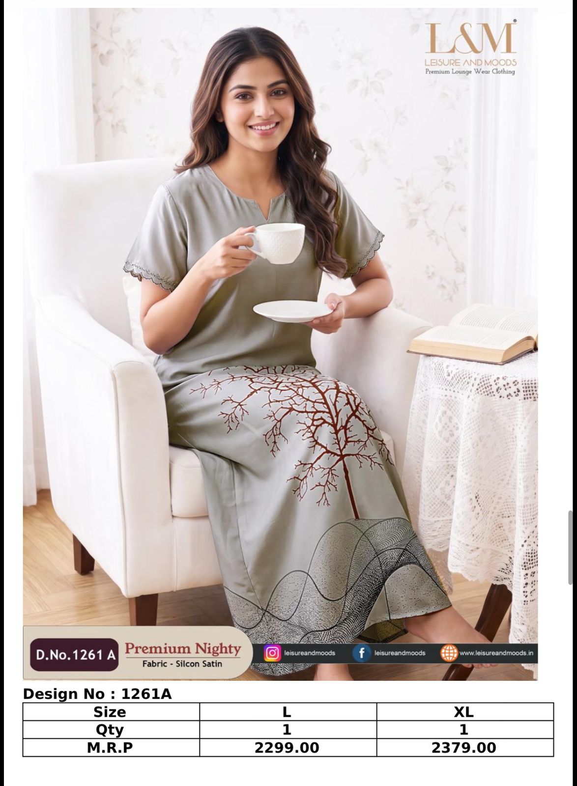 Women's olive green and purple leaf print premium nighty full length maxi nightgown