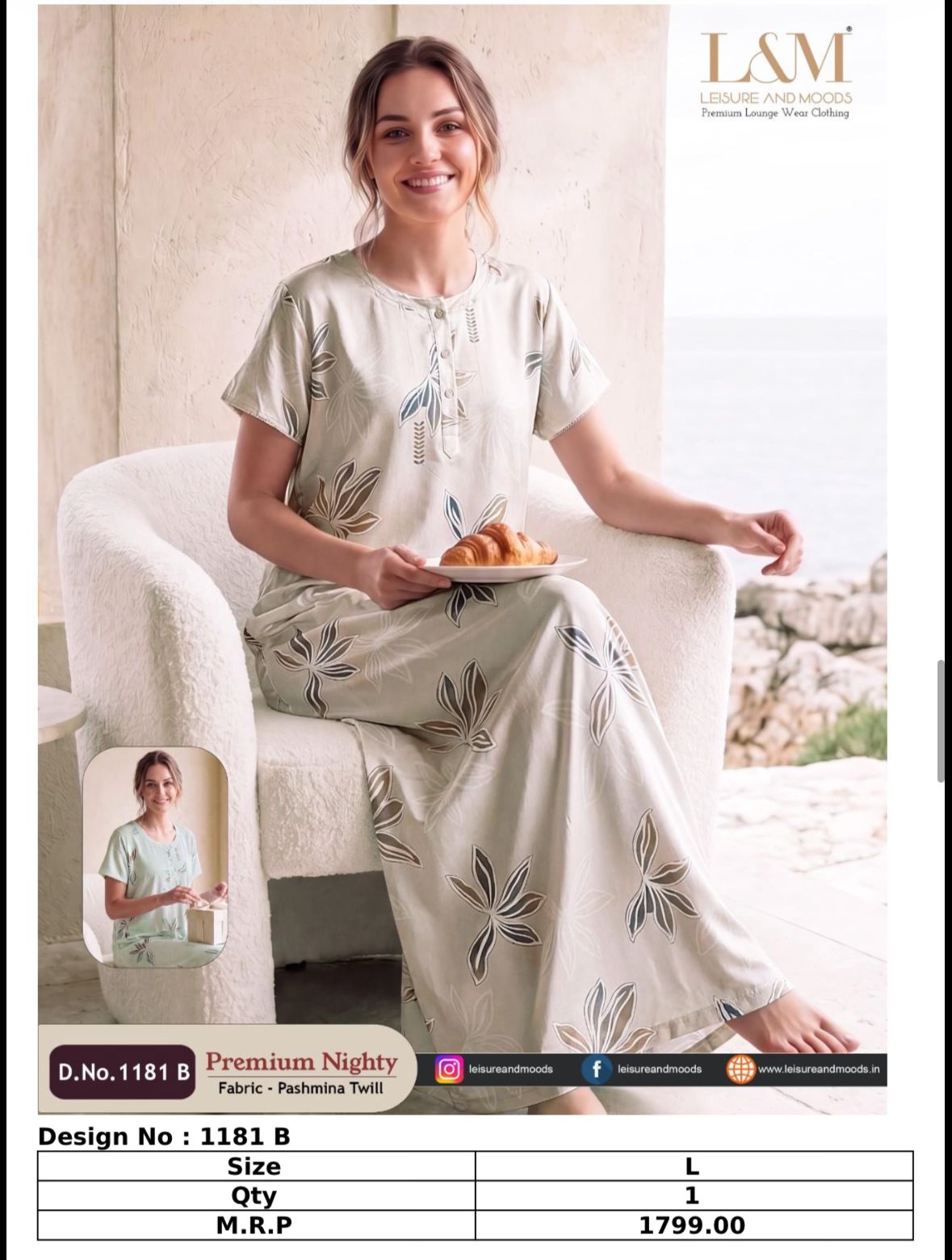 Women's cream beige magnolia floral print premium pashmina twill nighty maxi nightgown
