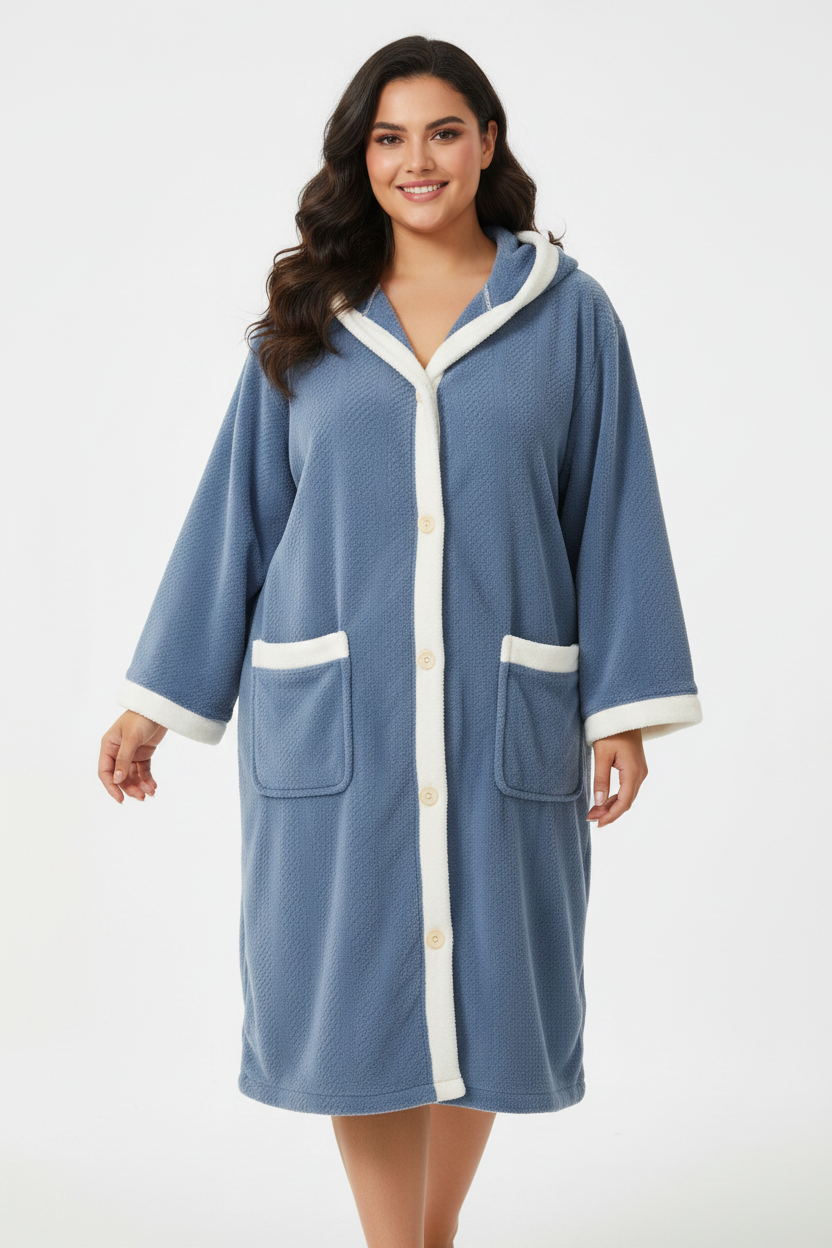 Ladies Plus Size Hooded Bathrobe - Steel Blue