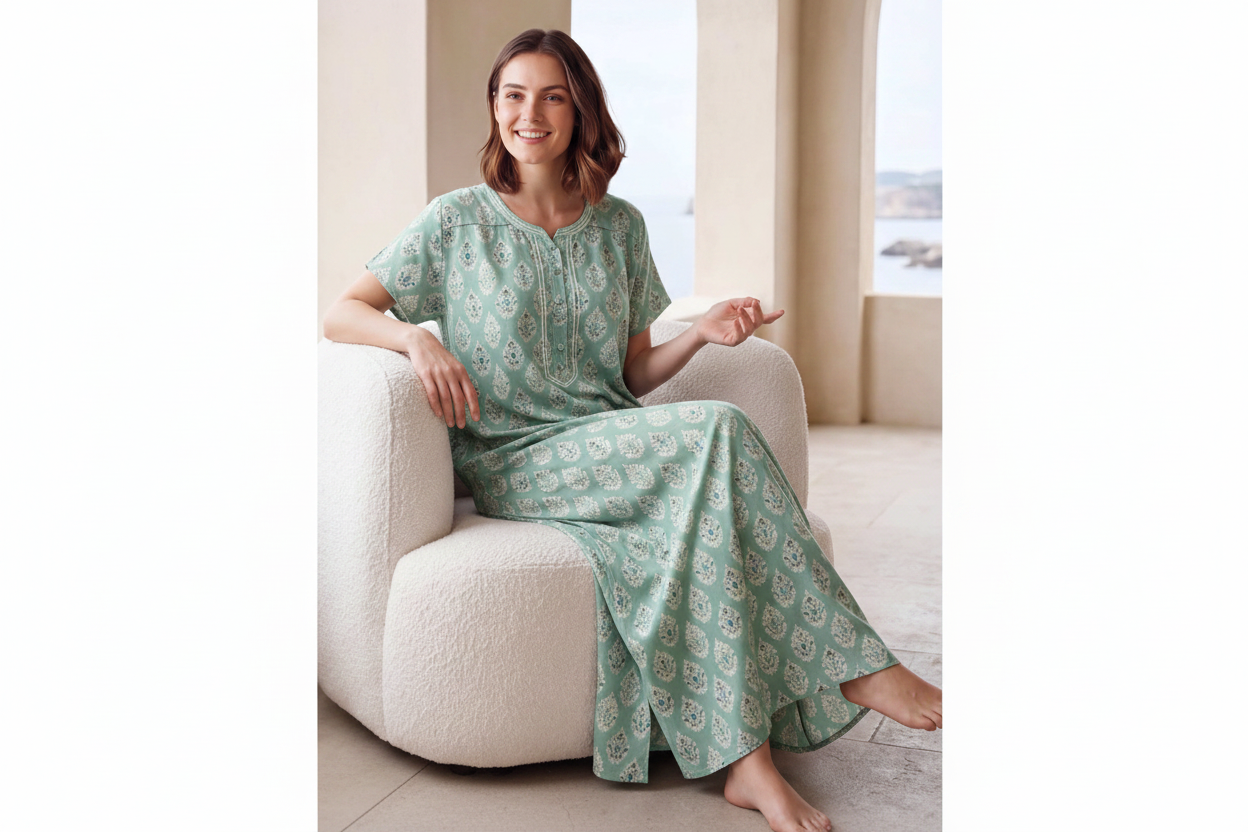 Women's mint green block print premium nighty clean image