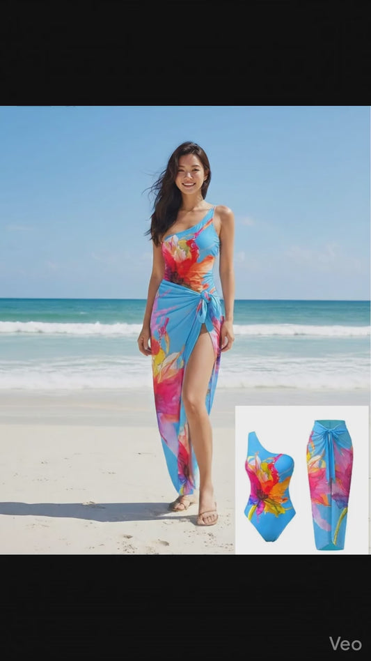 Designer Floral One-Shoulder Swimsuit with Matching Sarong Set